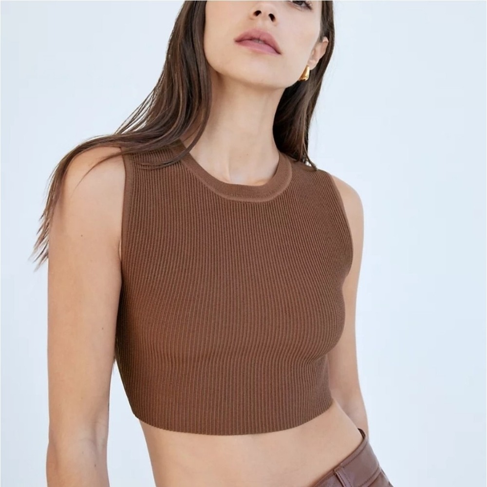 NWT Aritzia Babaton Sculpt Knit Muscle Tank Top L‎ Brown Ribbed Cropped Stretch